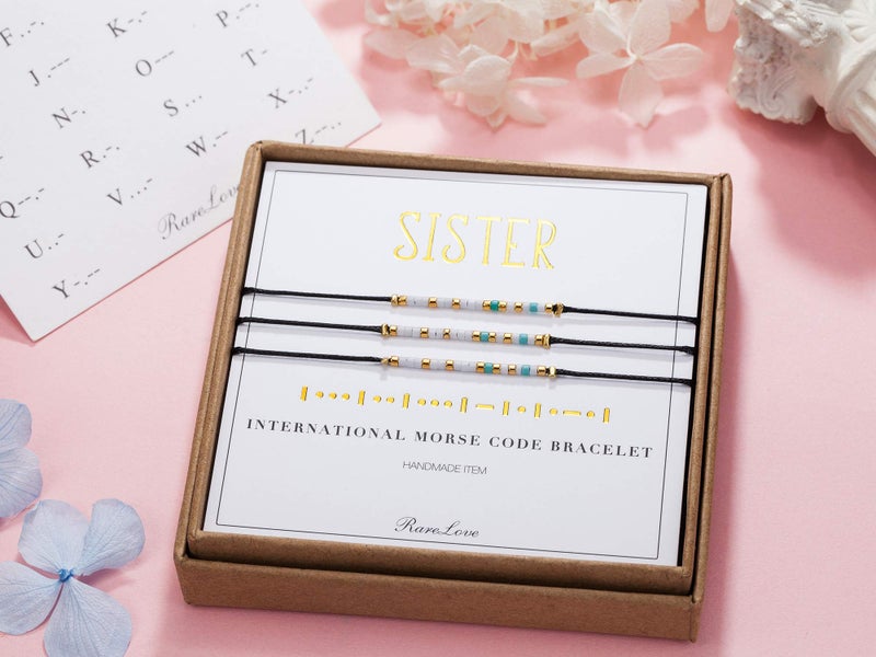 RareLove 3 Pieces Sisters Morse Code Bracelet Friendship Birthday Best Friends Gift For 3 Women Blue White Tiny Pony Seed Beads Black String Bracelets - Image 2